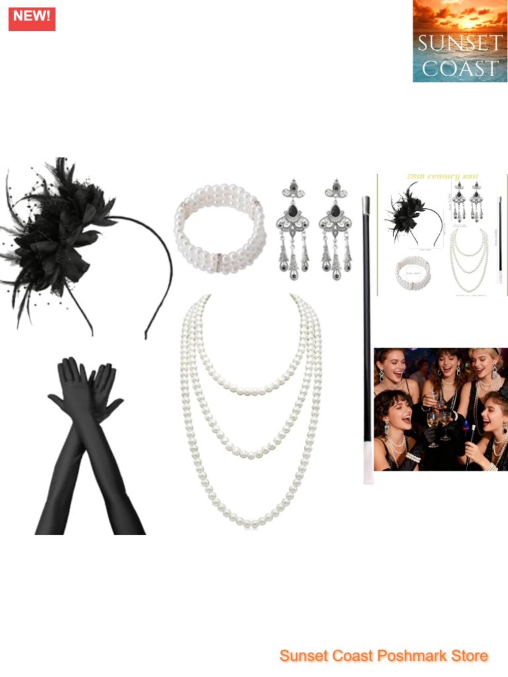 1920s Accessories Set Feather Headband Pearl Necklace Gloves 8 Pieces